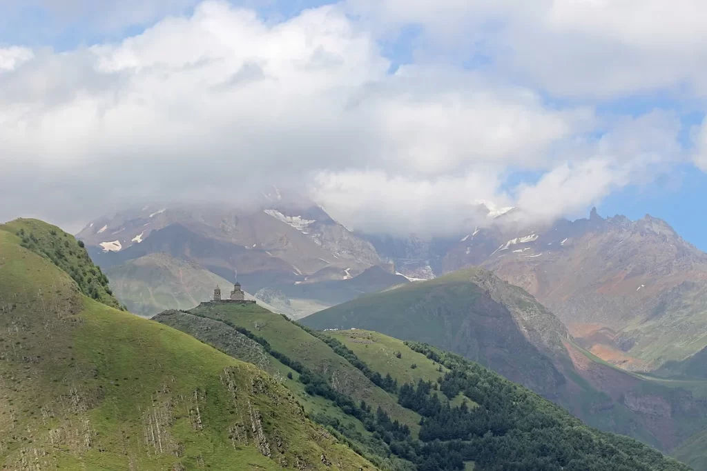 Gergeti Trinity Church beneath Mount Kazbegi in Georgia