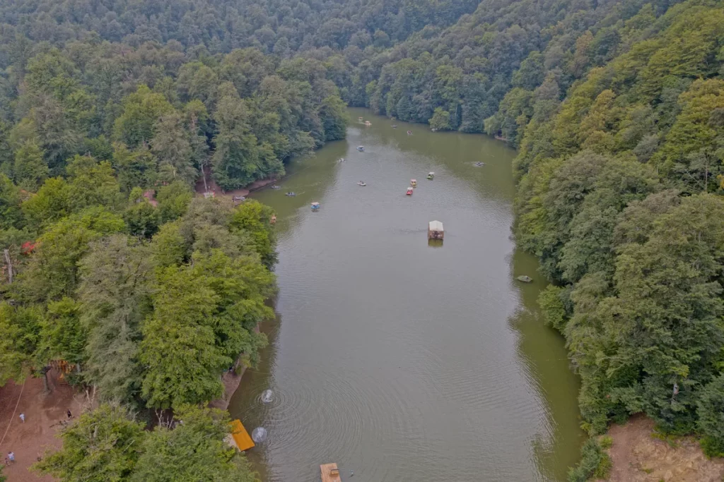 Aerial view of Parz Lake surrounded by forest in Dilijan, Armenia