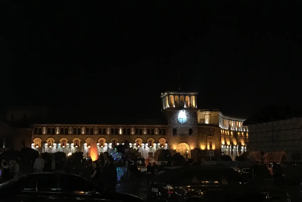 Republic Square illuminated at night in Yerevan, Armenia