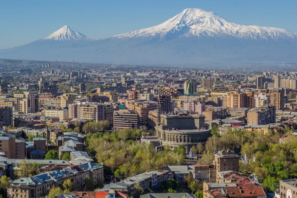 Yerevan skyline with Mount Ararat and the Opera House in Armenia